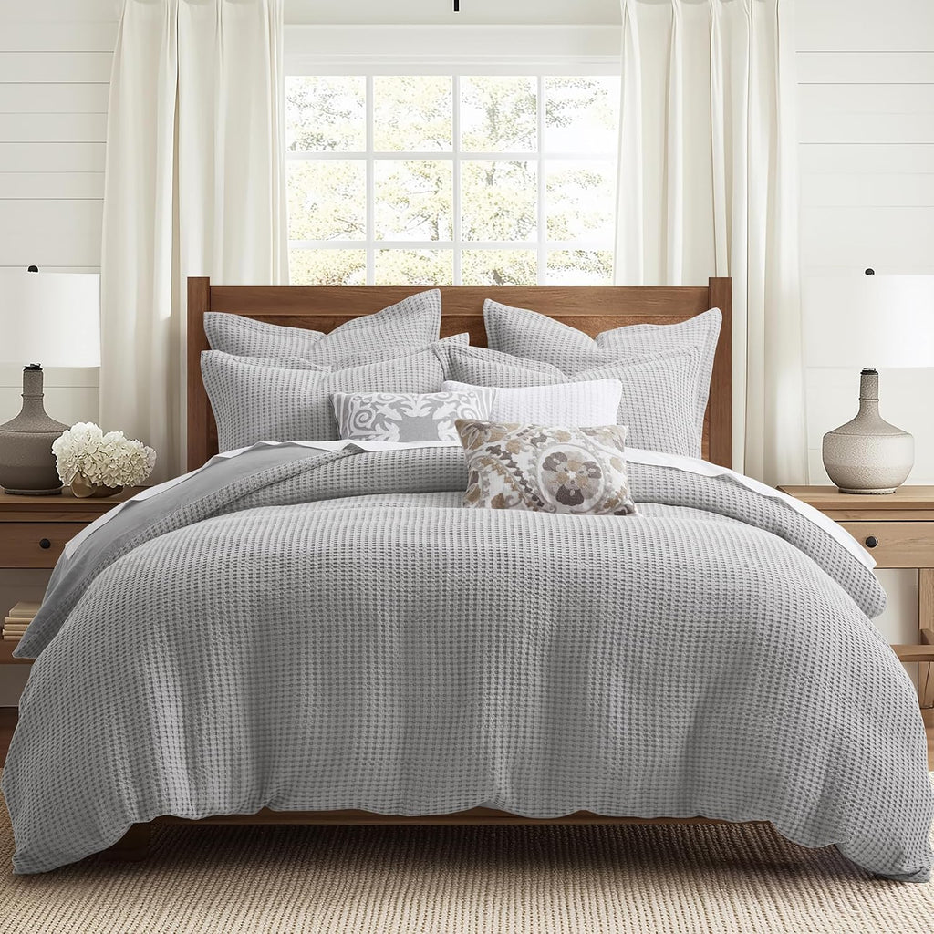 Levtex Home Mills Waffle Queen Duvet Cover Set (90x94in) with 2 Pillow Shams (26x20in) - Grey Pewter - 100% Cotton Queen Size Duvet Cover Set - Soft, Pre-Washed