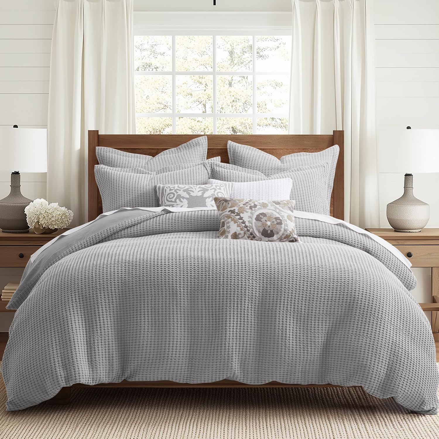 Levtex Home Mills Waffle Queen Duvet Cover Set (90x94in) with 2 Pillow Shams (26x20in) - Grey Pewter - 100% Cotton Queen Size Duvet Cover Set - Soft, Pre-Washed