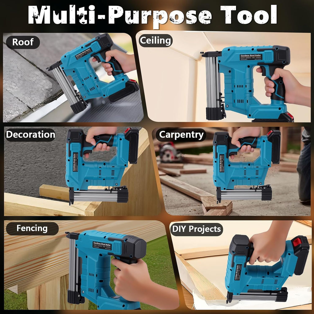 Electric Nail Gun 2 Modes Battery Powered 18 Ga Brad Nailer, 20V Cordless Nail Gun Compatible with Battery, Copper Motor Heavy Duty Stapler for Woodworking Projects (2 Batteries)