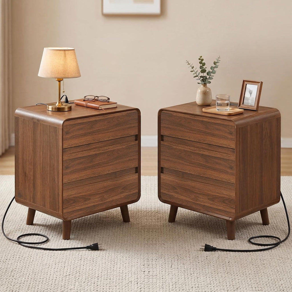 Nasonet Mid Century Modern Dresser and Nightstand Sets 3 Piece, Wooden 3 Drawer Dresser and 3 Drawer Nightstands Sets of 2, Walnut Bedroom Furniture Set