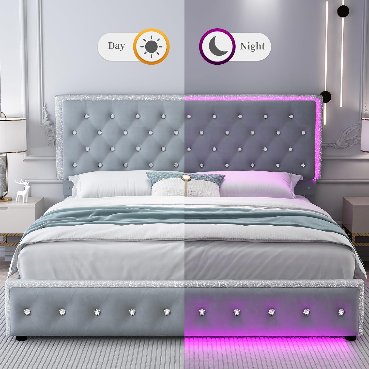 SIBEDS King Led Bed Frame with 2 Drawers, Upholstered Storage Platform Bed Frames with Crystal Button Tufted Headboard, Solid Slats Support, Noise Free, No Box Spring Needed, Velvet Grey