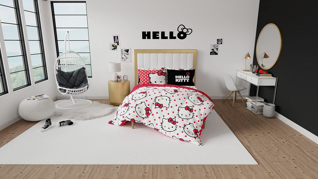 Hello Kitty Polka Dot Bedding 7 Piece Super Soft Comforter and Sheet Set with Sham, Queen, (Official Licensed Product) by Franco Collectibles
