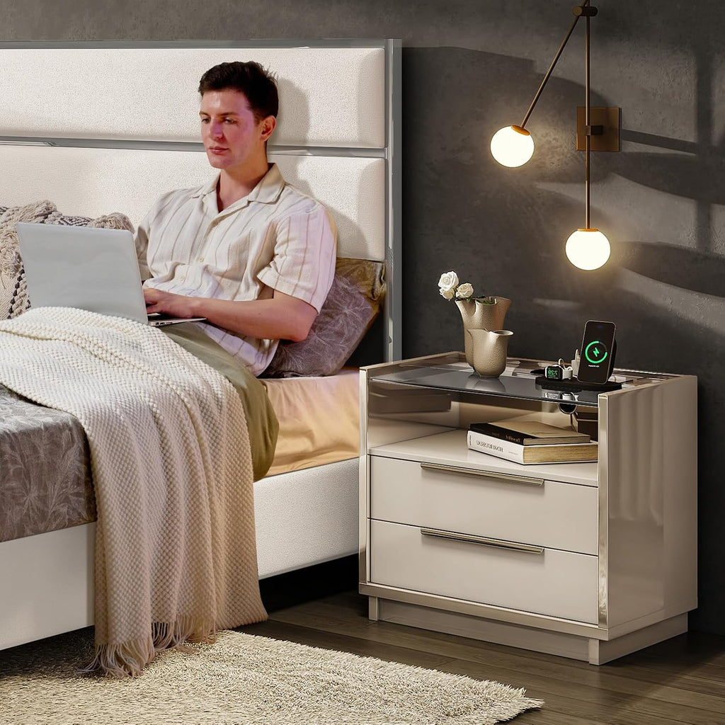 AMERLIFE 23.6' Nightstand, High Gloss End Table with Glass Tabletop, Modern Bedside Table with Charging Station, 2 Drawers Nightstand for Bedroom, Cream & Gray