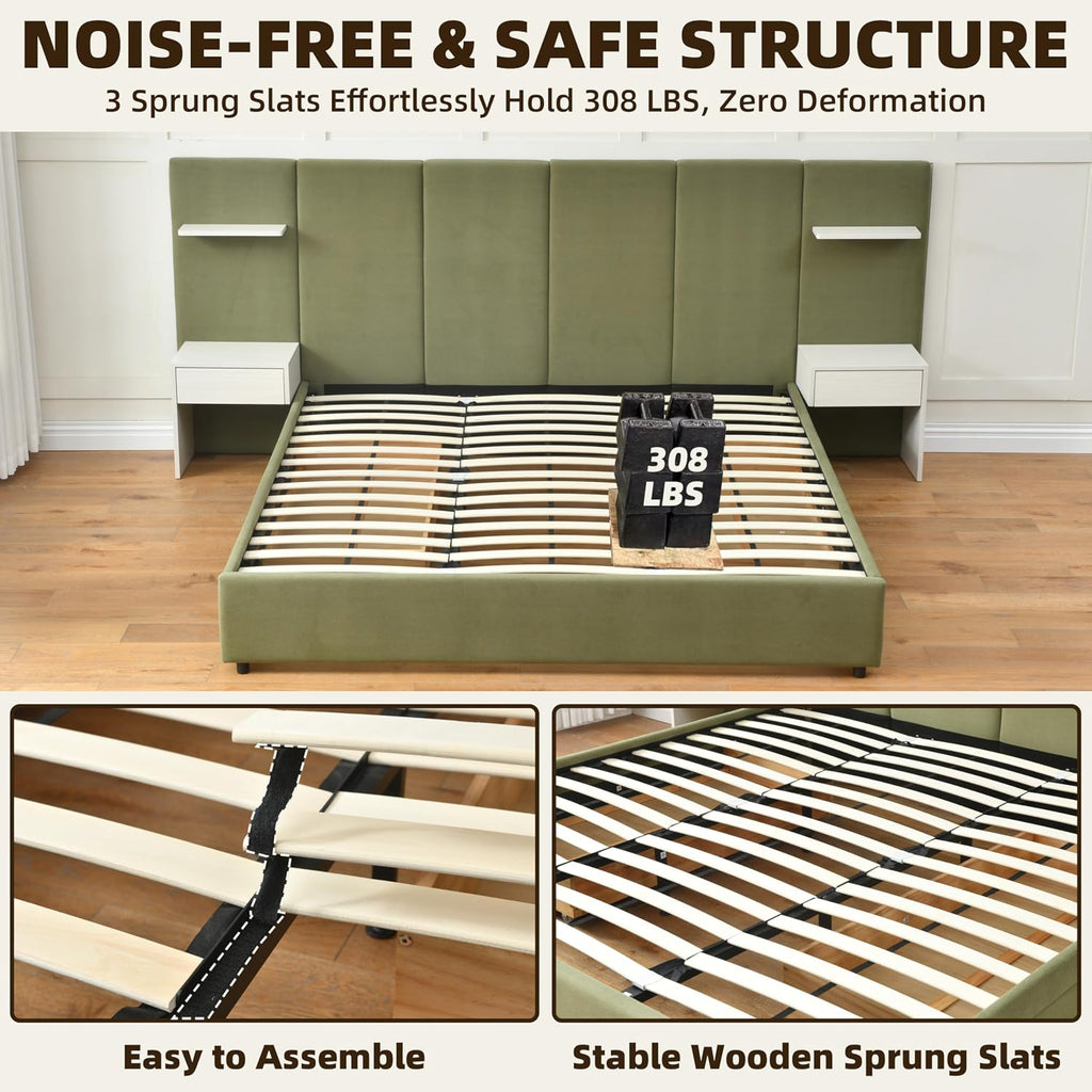 King Bed Frame with Storage & Built-in Nightstands, Velvet Upholstered Platform Bed Frame with Drawers & 2 Floating Storage Shelves, Noise-Free, No Box Spring Needed, Easy Assembly, Green