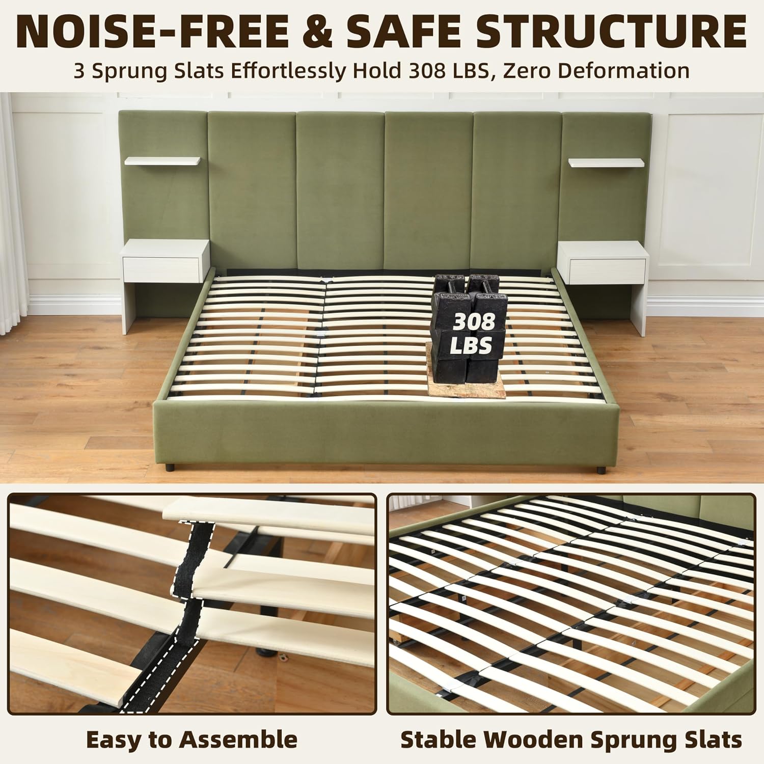 King Bed Frame with Storage & Built-in Nightstands, Velvet Upholstered Platform Bed Frame with Drawers & 2 Floating Storage Shelves, Noise-Free, No Box Spring Needed, Easy Assembly, Green