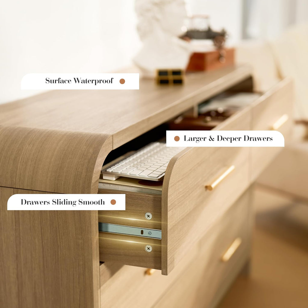 Curved 6-Drawer Dresser for Bedroom, 54' Wide Modern Chest of Drawers, Vanity Desk TV Stand for Living Room, Closet Storage Drawers Organizer Furniture, Nursery, Hallway, Oak