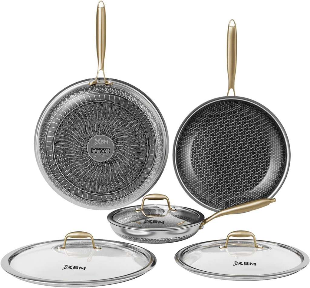 Nonstick Frying Pan Set with 3 Lids, 8+10+12 Inch, Honeycomb Stainless Steel Skillet Pans Set, PFOA-Free Scratch-Proof, Dishwasher & Oven Safe, Compatible with All Cooktops