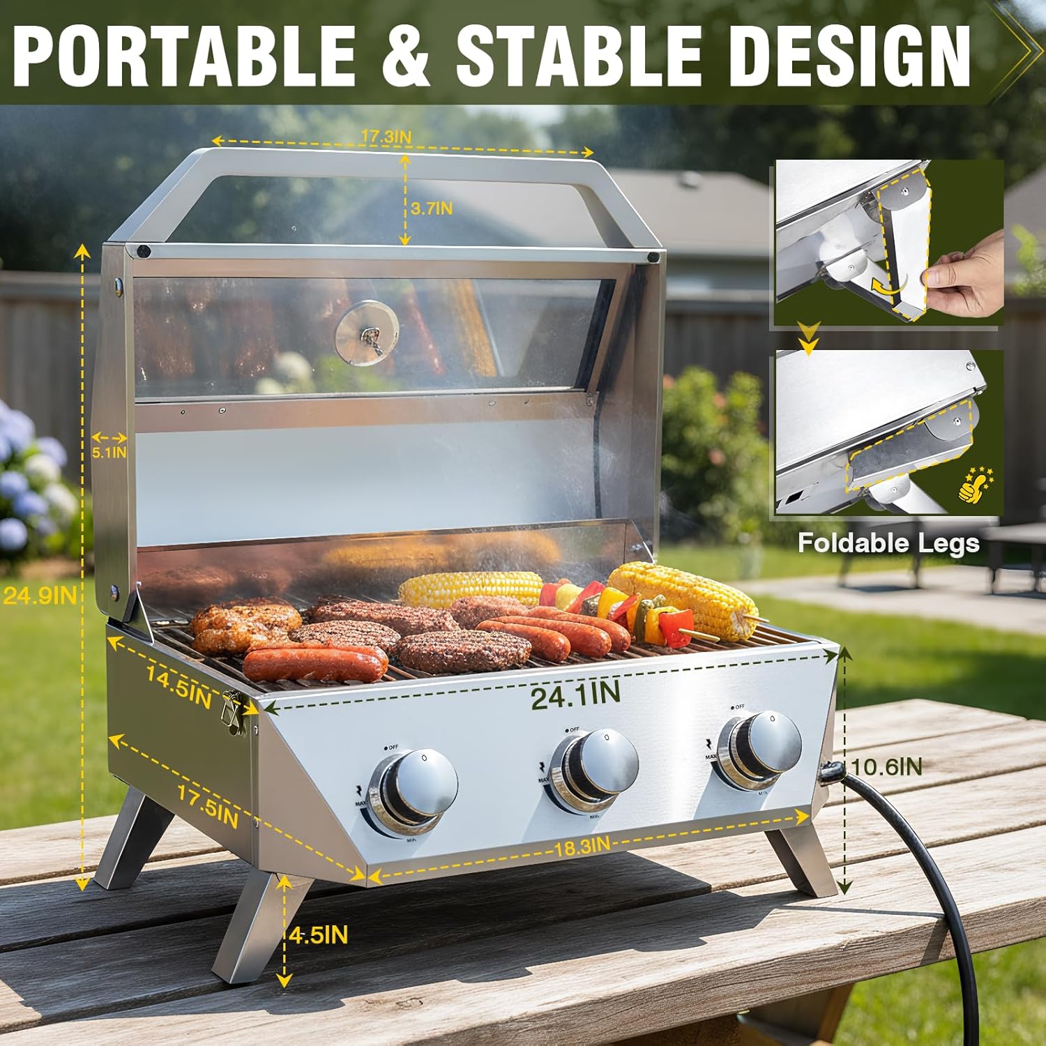 BESTFIRE 3-Burner Tabletop Gas Grill with Viewing Glass, 30,000 BTU Stainless Steel Portable Propane BBQ Grill with Thermometer, Professional Outdoor Cooking for Patio, Camping, RV and Tailgating