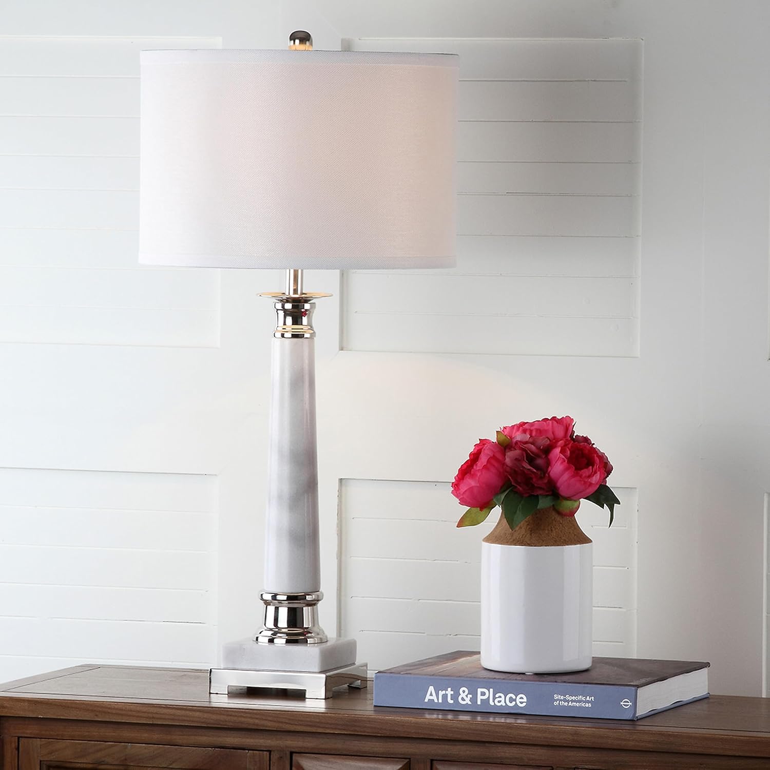 SAFAVIEH Lighting Collection Colleen Modern White Marble 31-inch Bedroom Living Room Home Office Desk Nightstand Table Lamp Set of 2 (LED Bulbs Included)