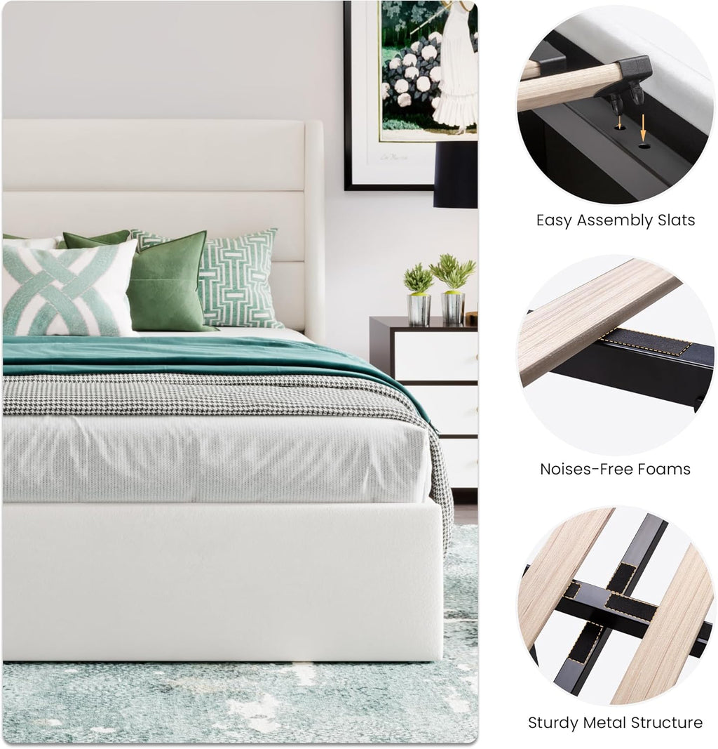 SHA CERLIN Full Size Lift Up Storage Bed/Velvet Upholstered/Modern Wingback Headboard/Upholstered Platform Bed Frame/Hydraulic Storage/No Box Spring Needed/White