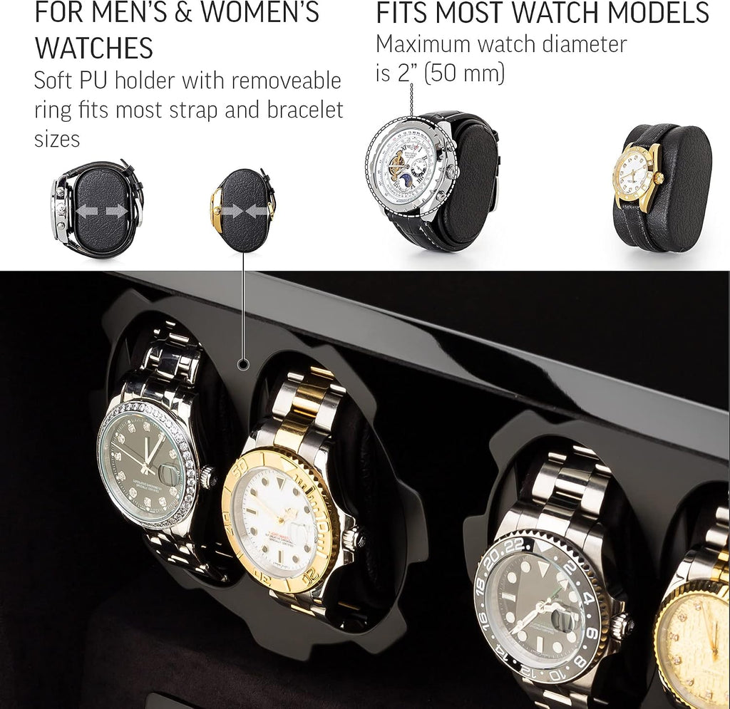 4 Watch Winder with 5 Watch Storage Space, LCD Display, Touch Control and Interior Light