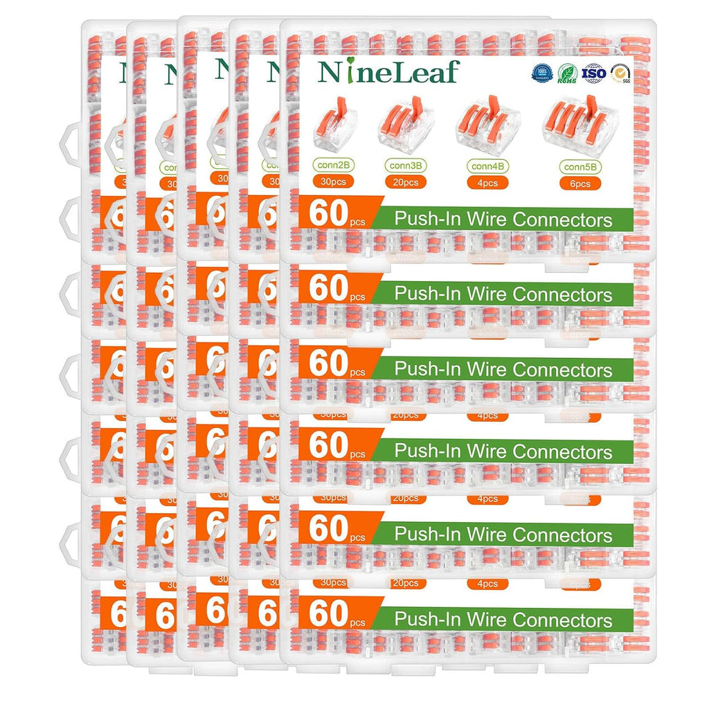 NineLeaf 60 Pcs Lever Wire Connectors Kit, 2/3/4/5 Port Push-in Electrical Wire Nuts with Test Hole for AWG 28-12, Reusable Quick Splice Assortment with Organized Storage Box,30 Set