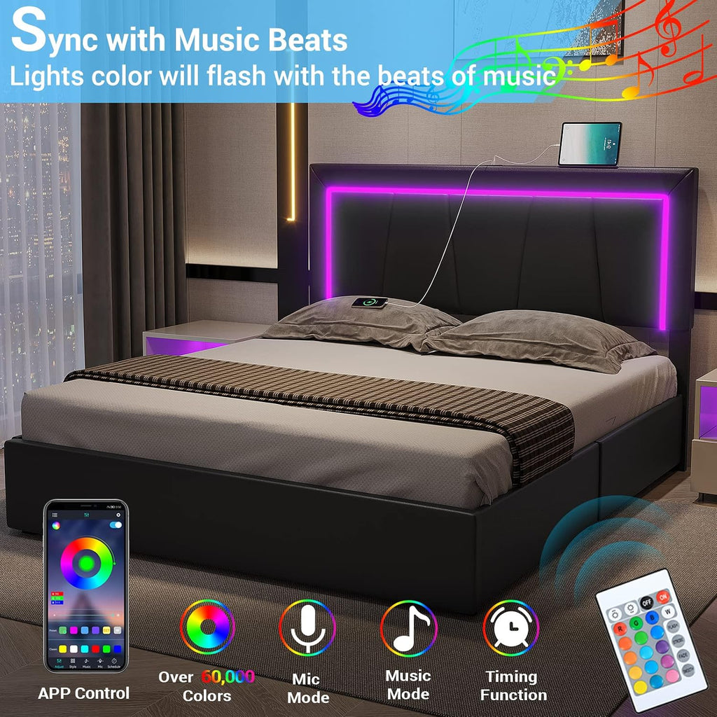 DICTAC Full Size Bed Frame with Headboard and 4 Storage Drawers, Modern Faux Leather Upholstered Platform Bed Frame Full with LED Lights and USB Ports, No Box Spring Needed, Black