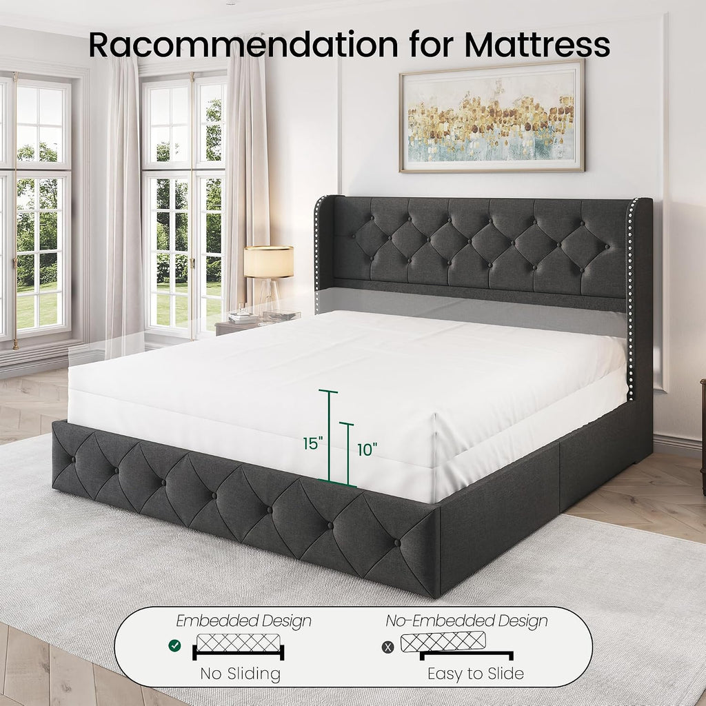 LARMACE Upholstered Queen Size Bed Frame with 4 Storage Drawers and 47.2' Tall Wingback Headboard Tufted Platform Bed Frame Linen Beds with Wooden Slats Support, Easy Assembly, Dark Grey