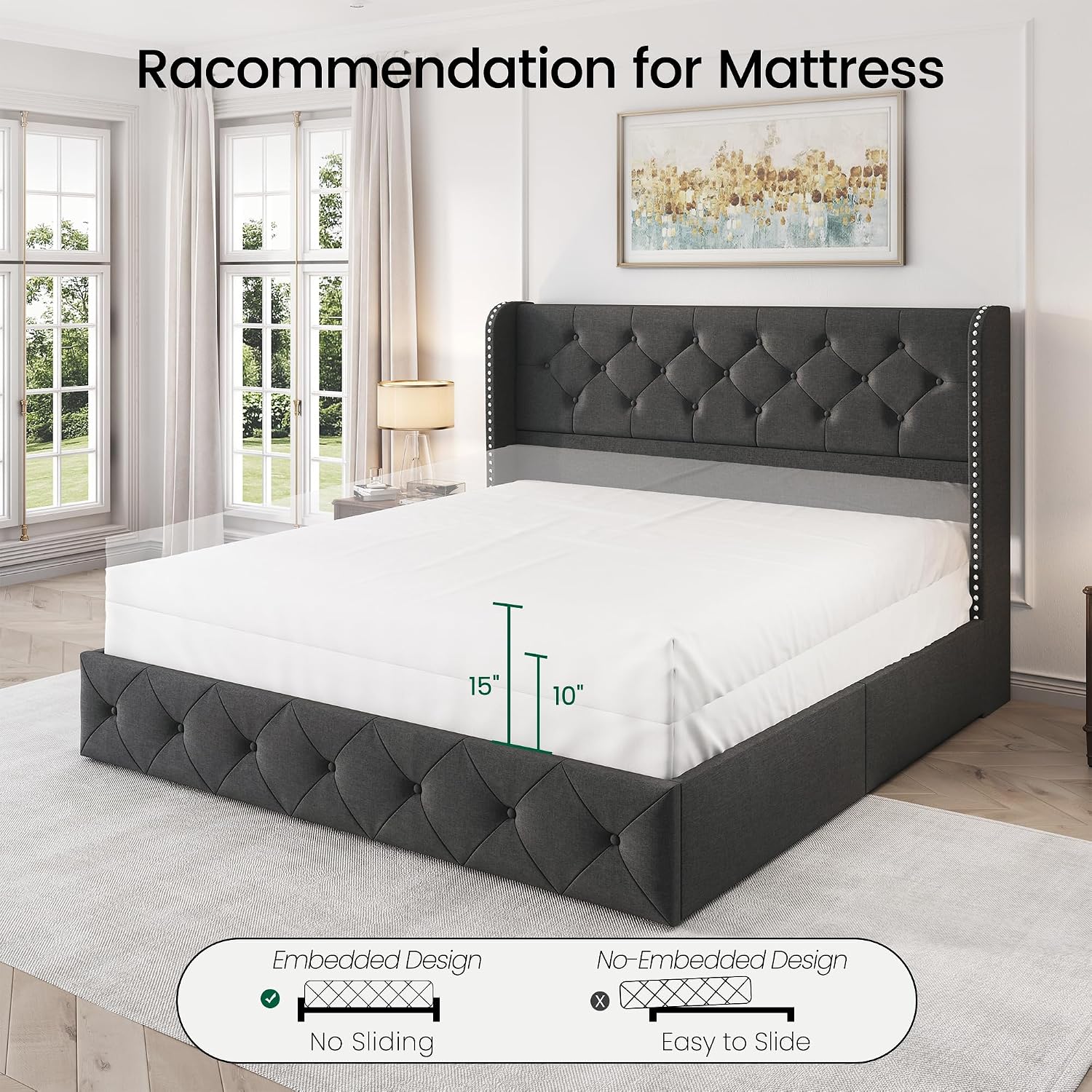 LARMACE Upholstered Queen Size Bed Frame with 4 Storage Drawers and 47.2' Tall Wingback Headboard Tufted Platform Bed Frame Linen Beds with Wooden Slats Support, Easy Assembly, Dark Grey