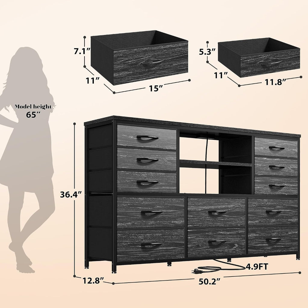 EnHomee 12 Drawers Dresser for Bedroom with LED Lights &Charging Station, TV Stand for 55/60'' TV, Fabric Dressers & Chests of Drawers with 3 Wooden Shelves for Hallway,Sturdy,Grain Black