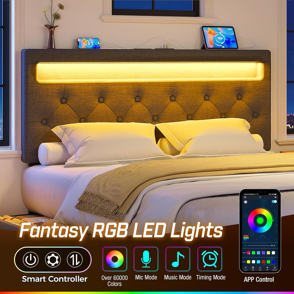 Rolanstar Queen Bed Frame with 4 Storage Drawers and Charging Station, Queen Bed with Led Lights, 2 USB & 1 Type C, Adjustable Headboard 38.9/40.9 Inches, No Box Spring Needed, Grey