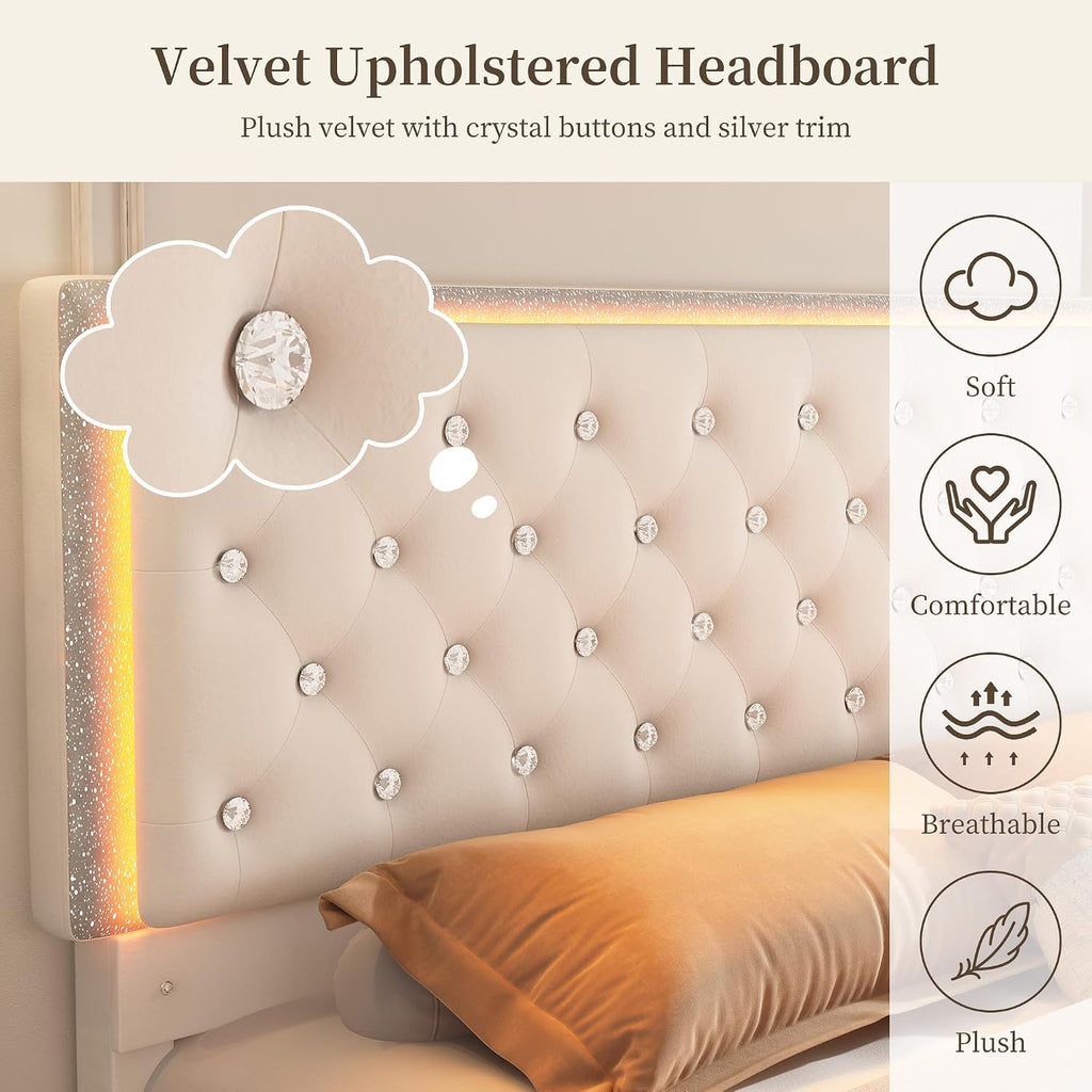 SIBEDS Queen LED Bed Frame with 2 Drawers, Storage Platform Beds with Upholstered Crystal Button Tufted Headboard Footboard, 2 Side Pockets, No Box Spring Needed, Velvet Cream