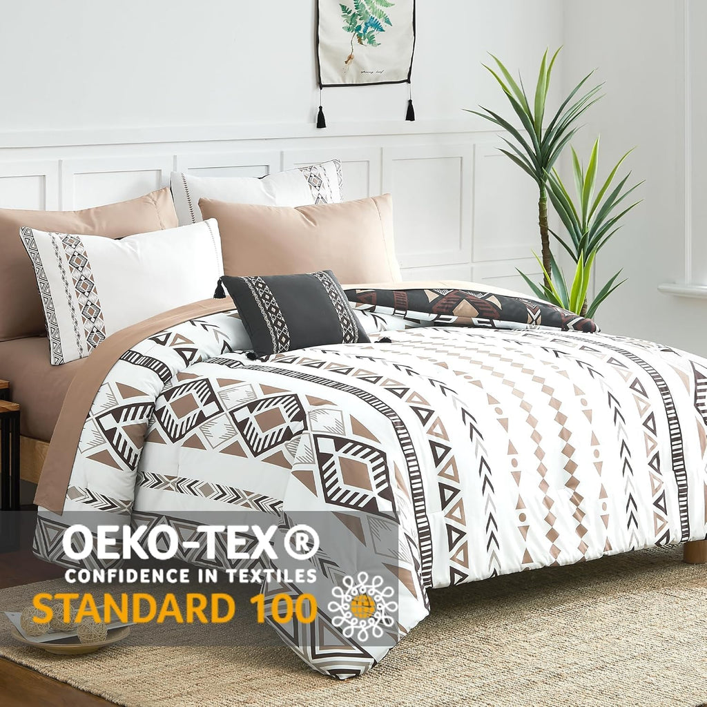 Geniospin Super King Plus Size Comforter Set- 7 Pieces Boho Bed in a Bag, Western Bedding Set for All Seasons, Reversible Aztec Bedding, Lightweight Comforter Bed Set with Sheets, Pillowcases & Shams