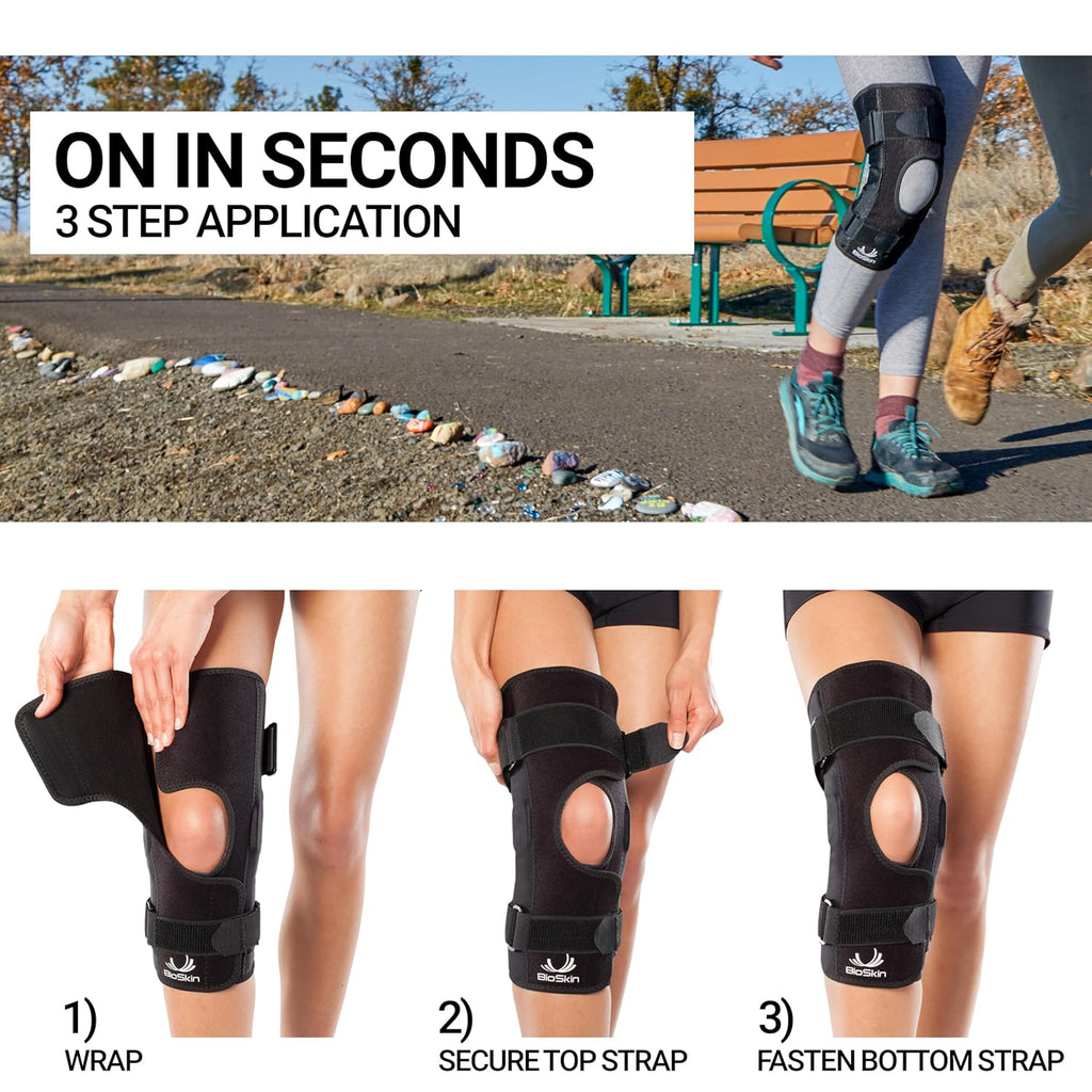 BioSkin Wraparound Hinged Knee Brace - Stays-in-Place Stability, Adjustable Compression Support for ACL/MCL, Meniscus & Arthritis, Lightweight Aluminum Side Hinges, Soft Breathable Hypoallergenic, Low-Profile (Medium)