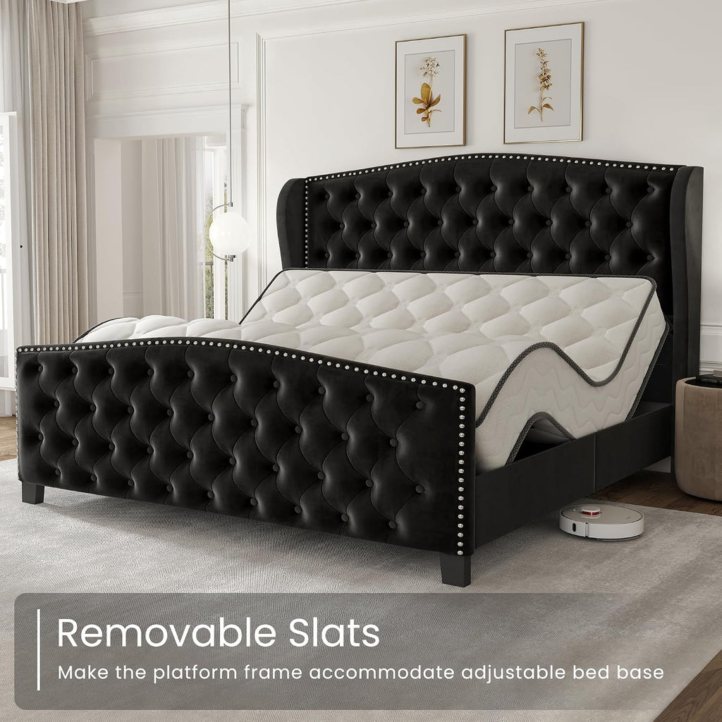 LARMACE Queen Size Bed Frame Velvet Upholstered Platform Bed with Wingback Headboard & Footbaord, Deep Button Tufted Bed Frame with Wood Slats Support, No Box Spring Needed, Black