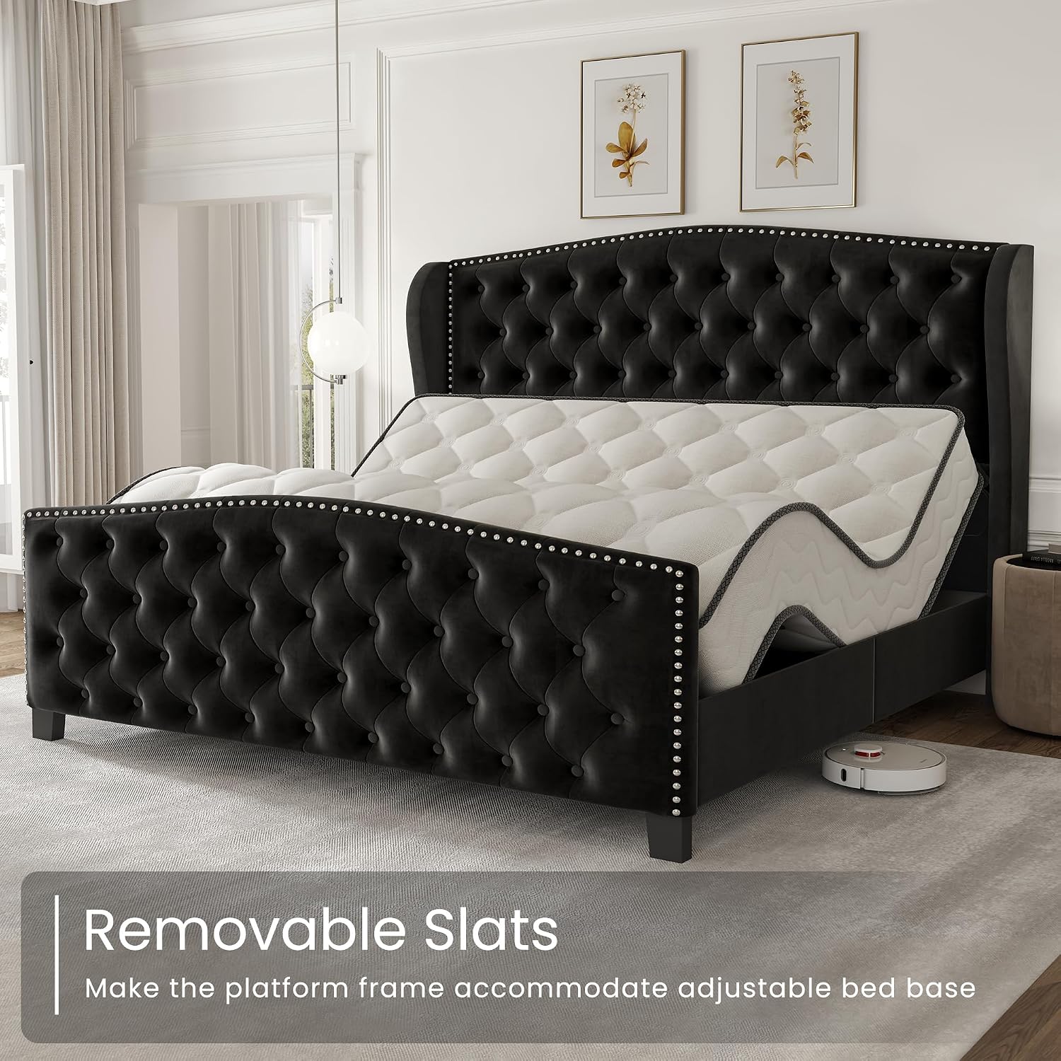 LARMACE Queen Size Bed Frame Velvet Upholstered Platform Bed with Wingback Headboard & Footbaord, Deep Button Tufted Bed Frame with Wood Slats Support, No Box Spring Needed, Black