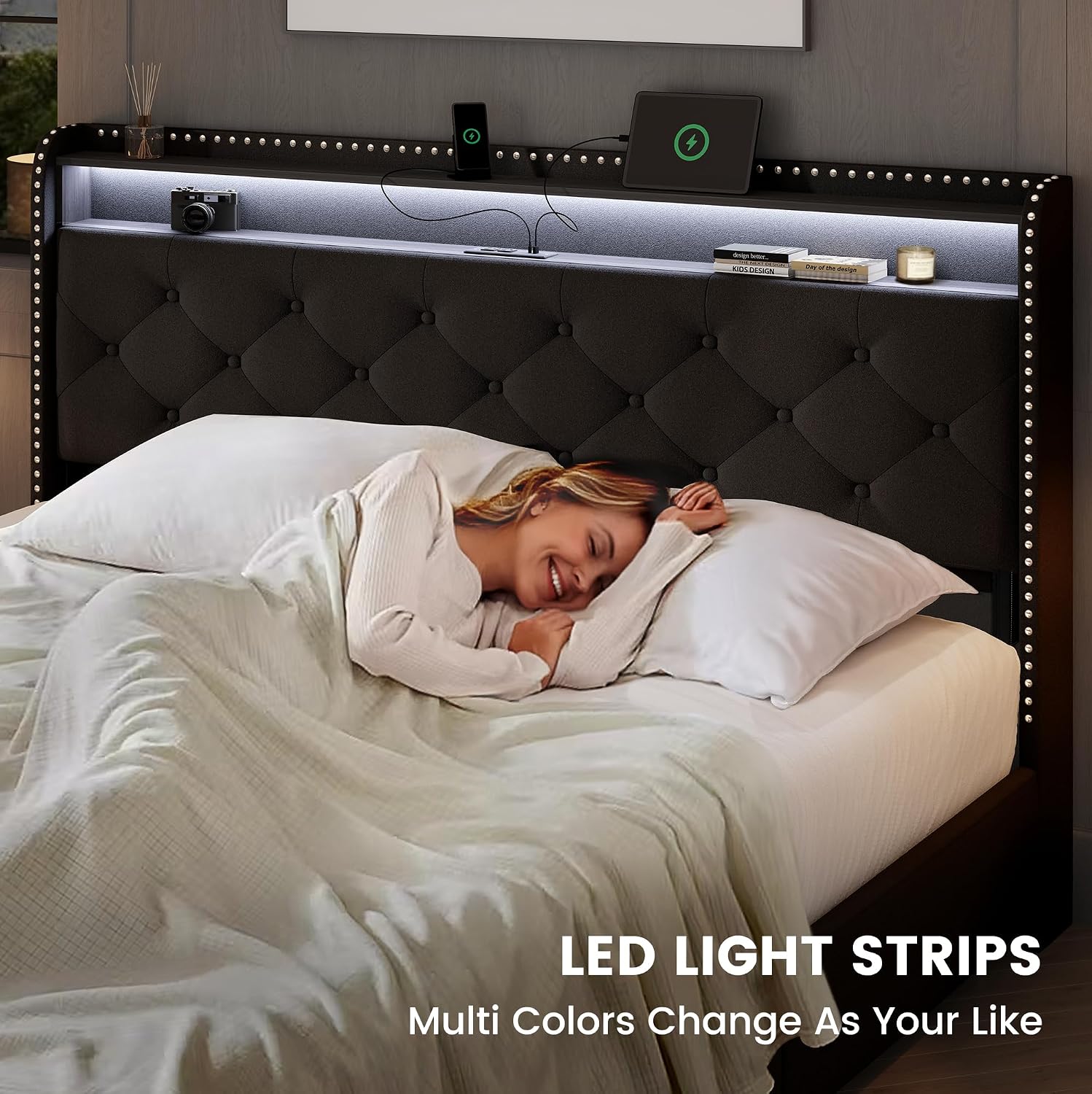 LARMACE Queen Size Bed Frame with Storage & LED Lights & USB Type-C Charging Station,Velvet Upholstered Platform Bed with Headboard and 4 Drawers, No Box Spring Needed, Easy Assembly, Black