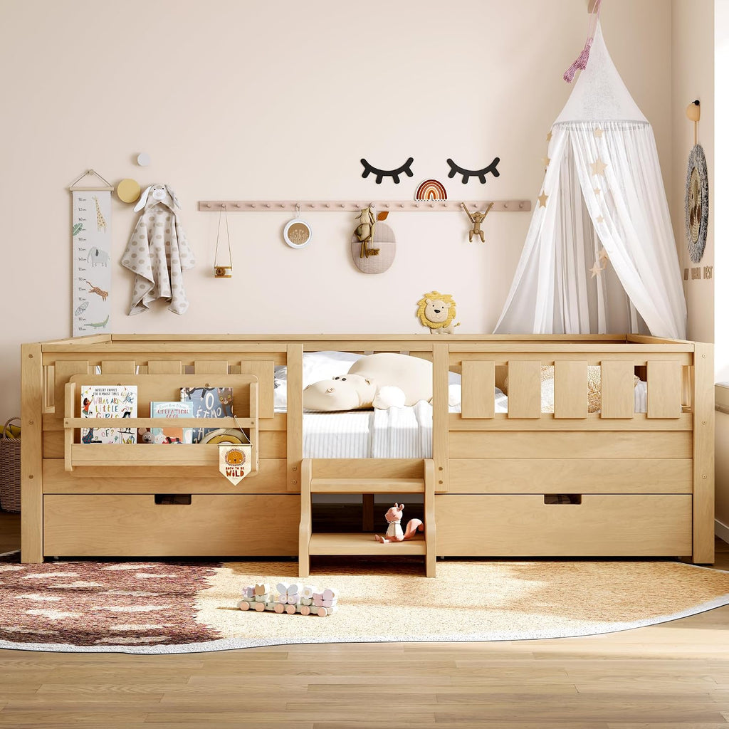 Bellemave Queen Size Bed with Slats and Stairs, Queen Size Platform Bed Frame with Fence, Bookshelf and Storage Drawers, Easy Assemble Beds for Girls, Boys, Light Natural