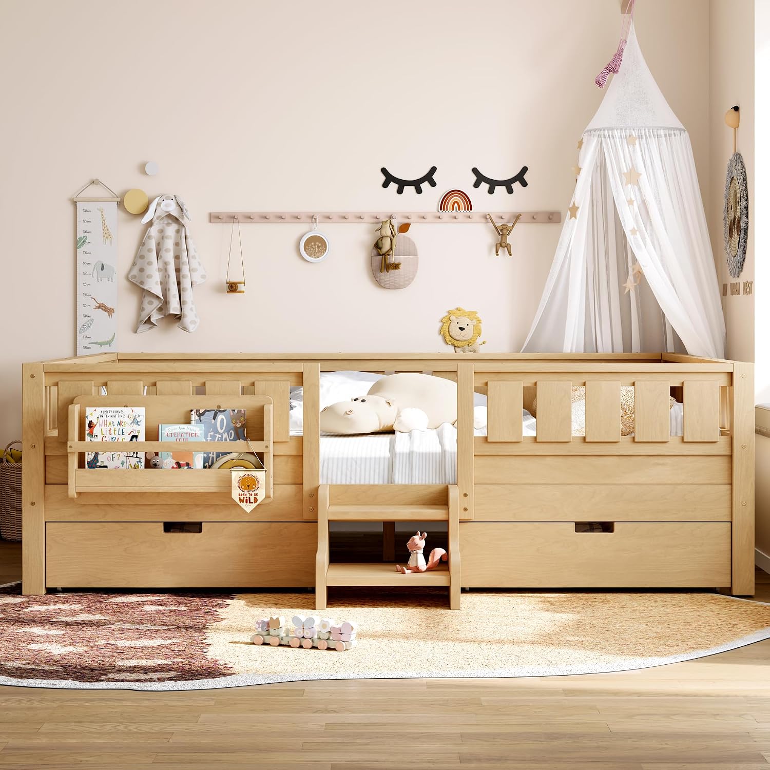 Bellemave Queen Size Bed with Slats and Stairs, Queen Size Platform Bed Frame with Fence, Bookshelf and Storage Drawers, Easy Assemble Beds for Girls, Boys, Light Natural