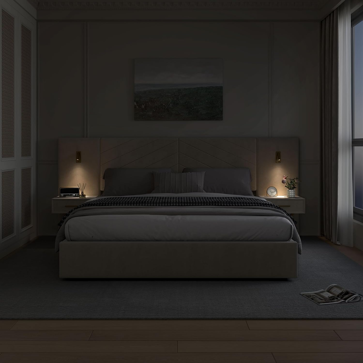 DEINPPA Luxury King Bed Frame with Built-in Gold LED Lights and Nightstands, King Size Platform Bed with Oversize Upholstered Headboard, No Box Spring Needed-Beige