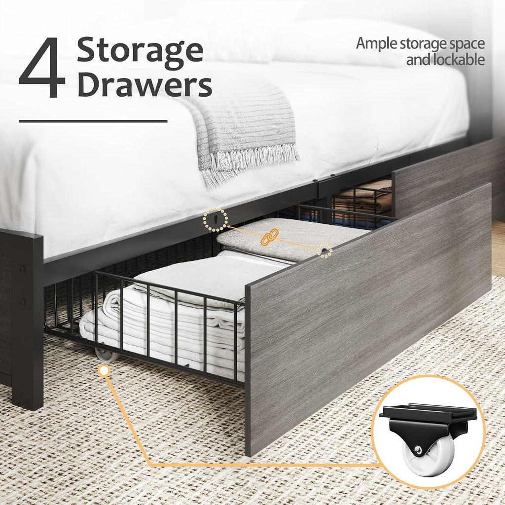 HISOFT Queen Bed Frame with Storage Headboard, Wood Bed with High Storage Bookcase, 4 Drawers & LED & Charging Station,No Box Spring Needed/Noise Free/All-Metal Support, Rustic Grey