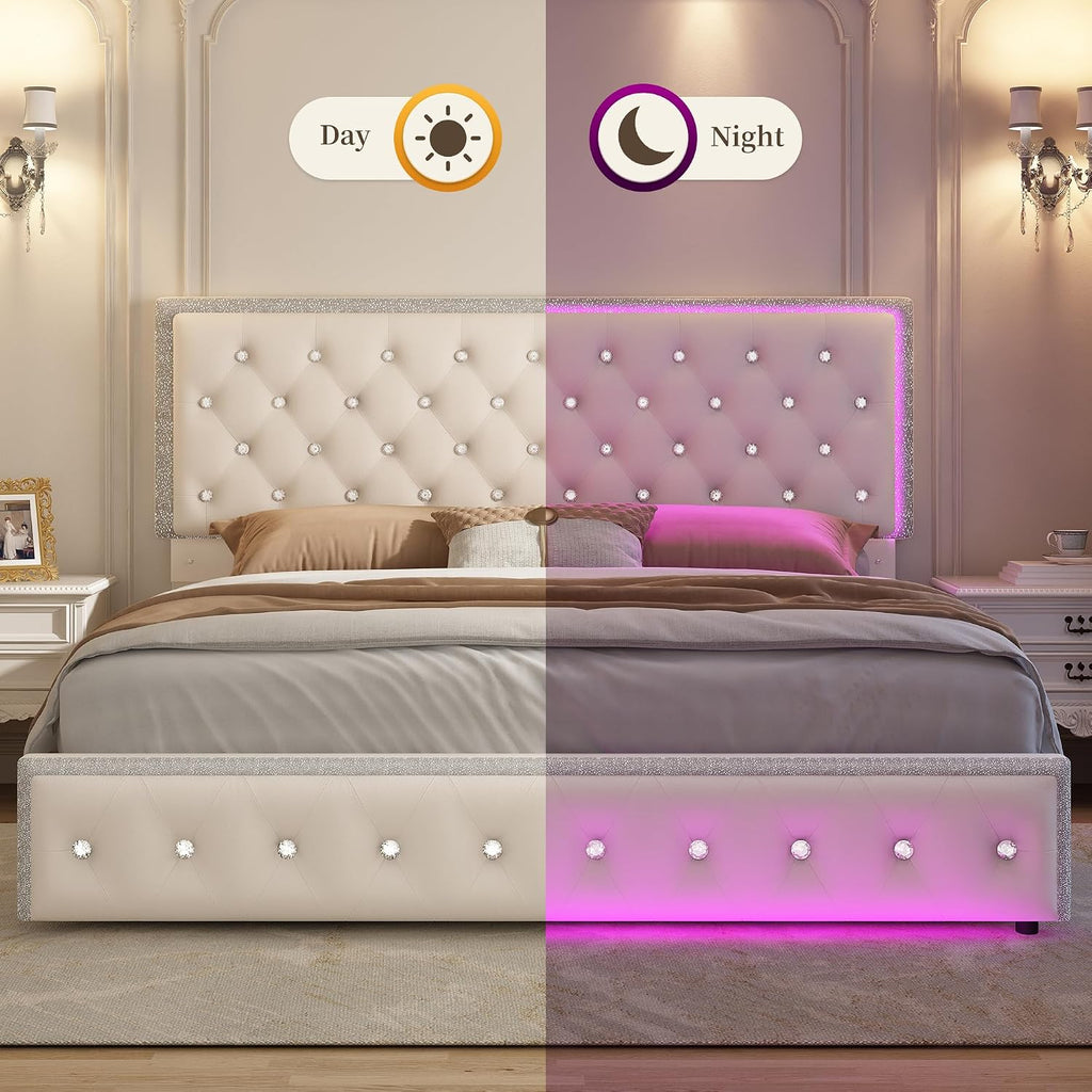 SIBEDS Queen LED Bed Frame with 2 Drawers, Storage Platform Beds with Upholstered Crystal Button Tufted Headboard Footboard, 2 Side Pockets, No Box Spring Needed, Velvet Cream