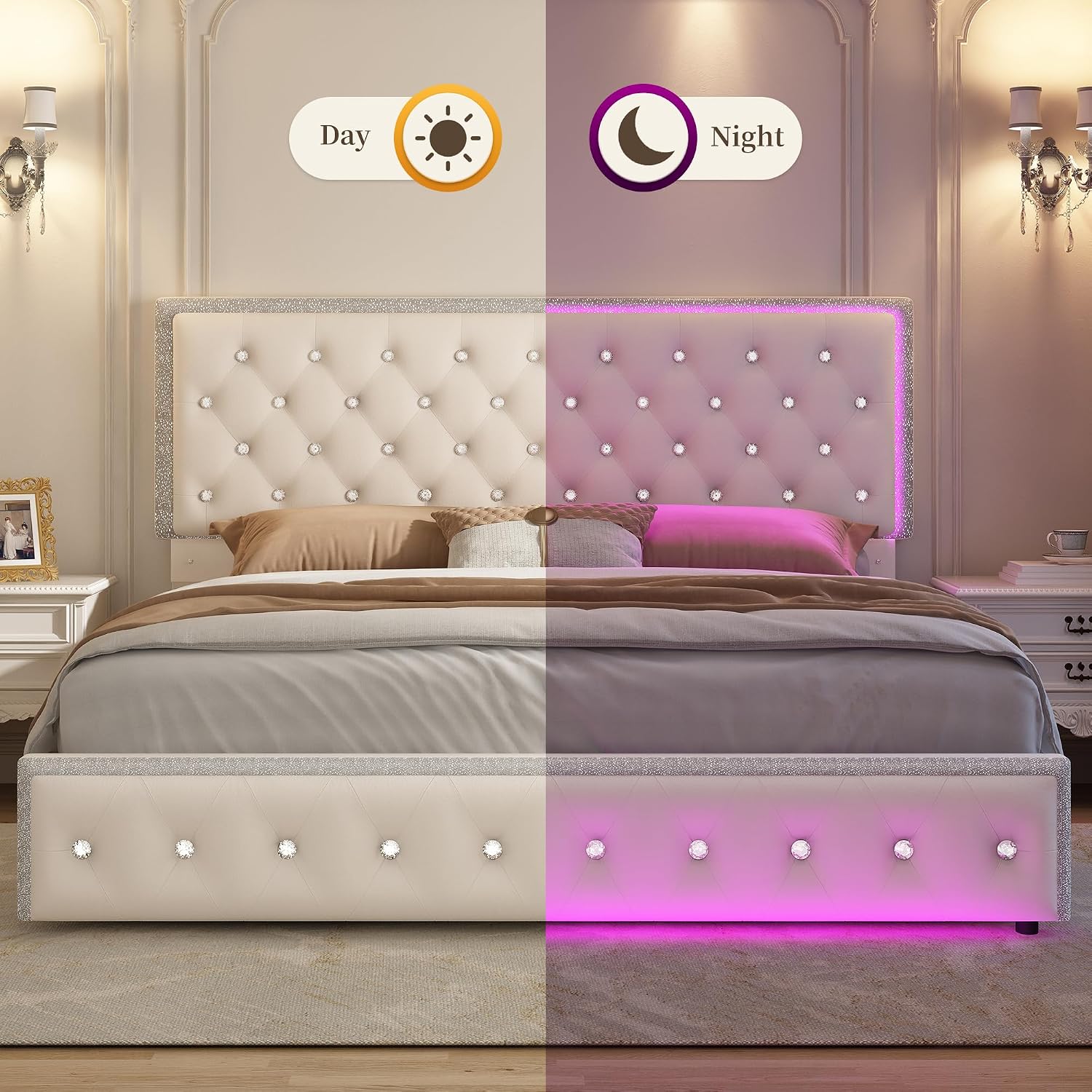 SIBEDS Queen LED Bed Frame with 2 Drawers, Storage Platform Beds with Upholstered Crystal Button Tufted Headboard Footboard, 2 Side Pockets, No Box Spring Needed, Velvet Cream