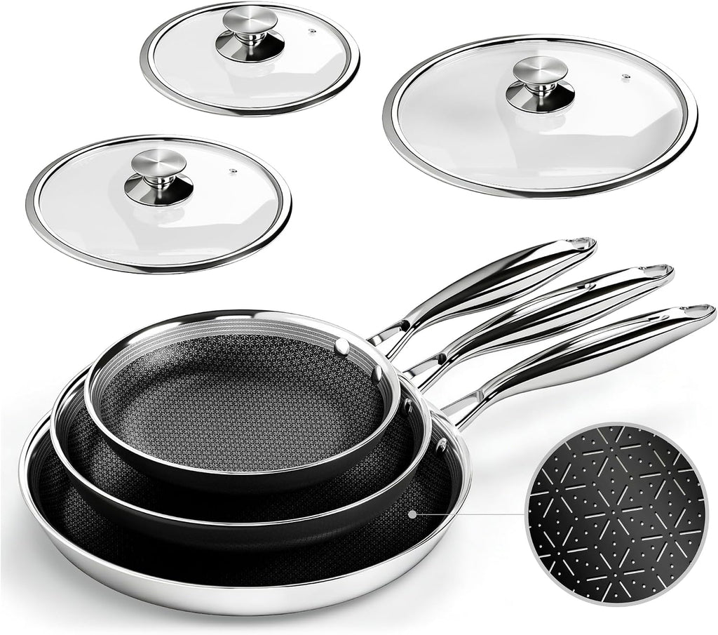 Kitchen Academy 6Pcs 18/10 Stainless Steel Frying Pan Set, 3-Ply 8/10/12 Inch Induction Ready Skillet with Lids, Dishwasher & Oven Safe, PFOA and PFAS Free