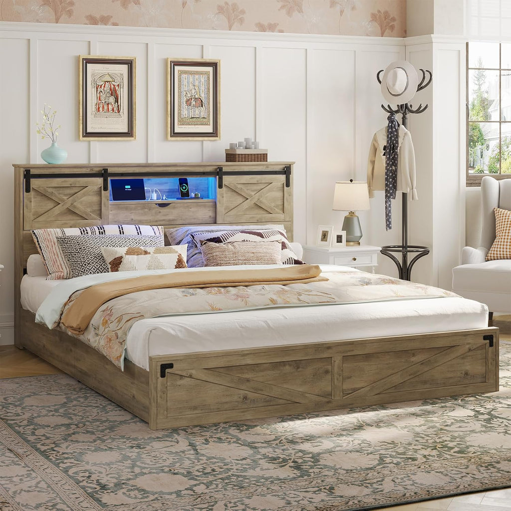Hasuit Farmhouse Bed Frame California King Size with Storage Bookcase Headboard, Wooden Cal King Bed with LED Lights, Charging Station, 2 Drawers, Country Rustic Bed Frame with Sliding Barn Door