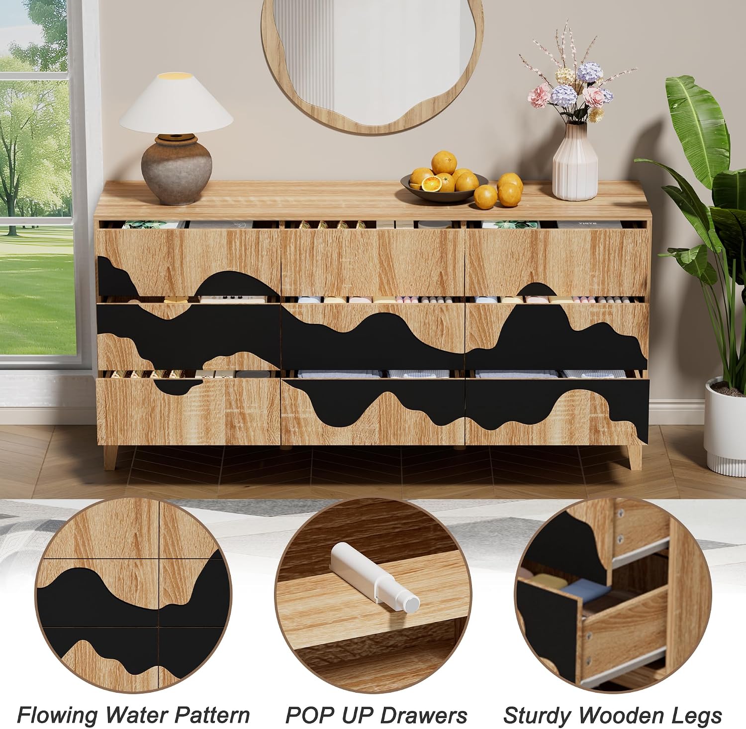 UEV 9-Drawer Dresser & 2 Nightstands Set - 3 Piece Modern Bedroom Furniture Set, 63' Wide Wooden Chest of Drawers with Flowing Water Pattern,2-Drawer Night Stands for Bedroom (Natural/Black