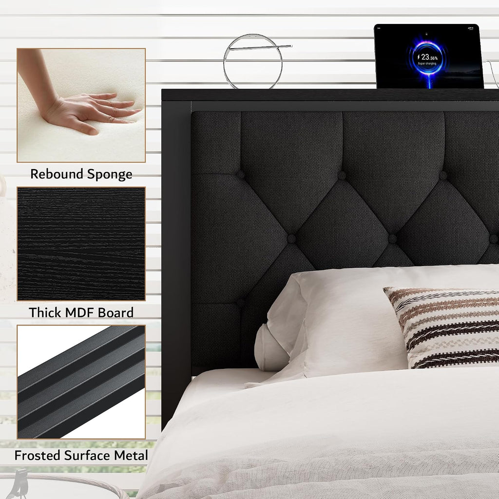 iPormis Queen Bed Frame with 2 Storage Drawers, Linen Upholstered Headboard Platform Bed with Charging Station, No Box Spring Needed, Metal Slats Support, Noise-Free, Easy Assembly, Black