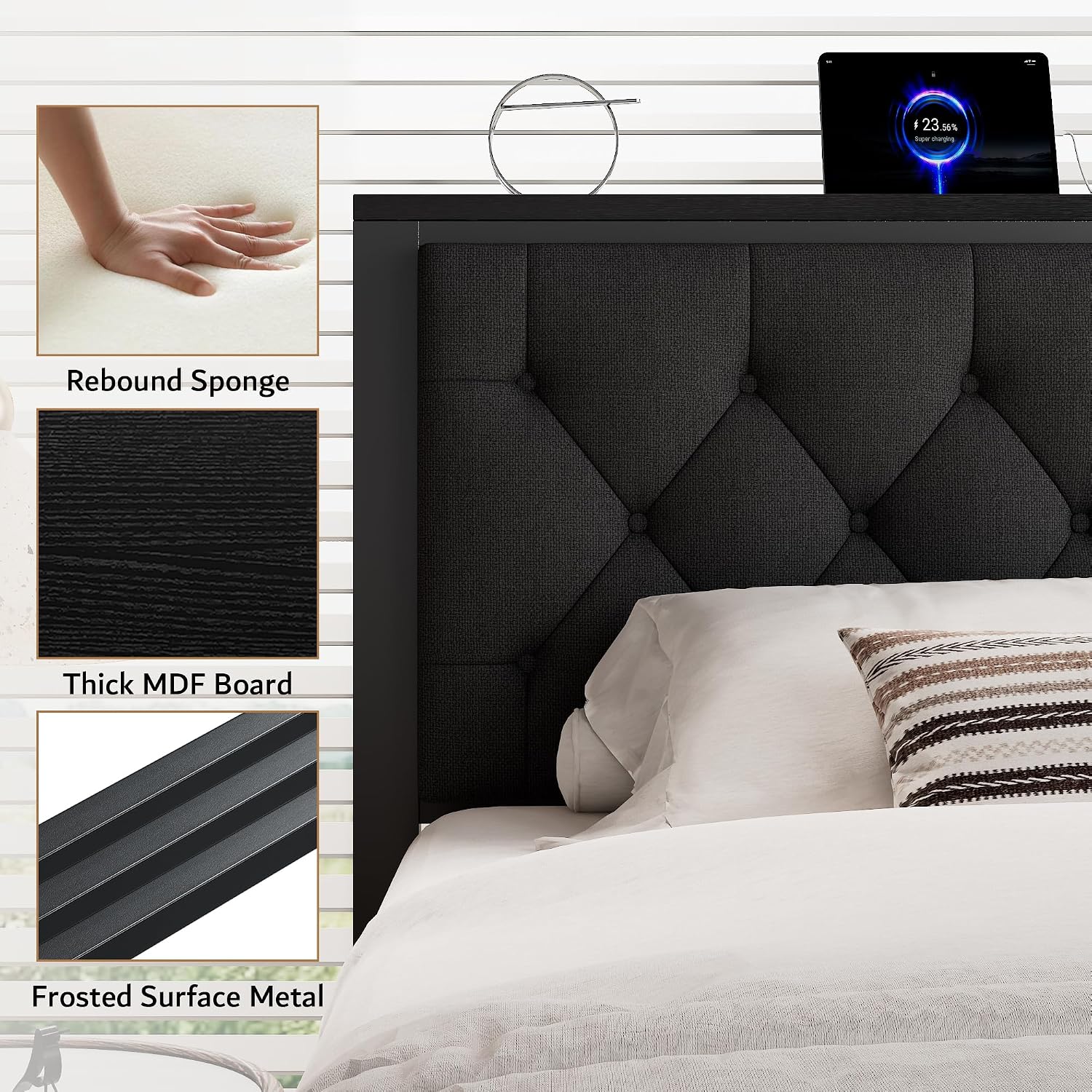 iPormis Queen Bed Frame with 2 Storage Drawers, Linen Upholstered Headboard Platform Bed with Charging Station, No Box Spring Needed, Metal Slats Support, Noise-Free, Easy Assembly, Black