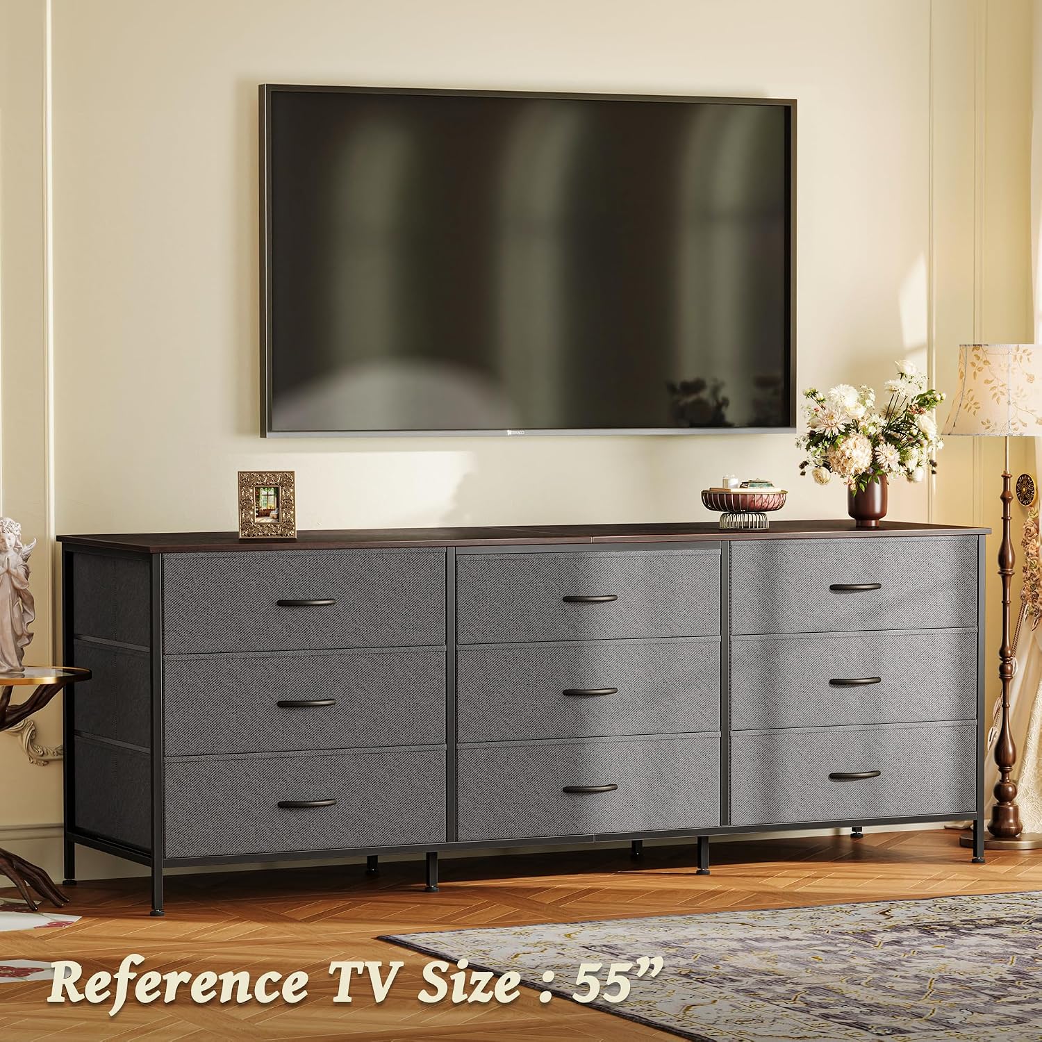 Huuger 63 Inch Dresser for Bedroom, Dresser for Closet with 9 Fabric Drawers, Large TV Stand for 55, 65, 70 Inch TV, Entertainment Center with Storage, Wide Long Chest of Drawers, Walnut and Dark Grey