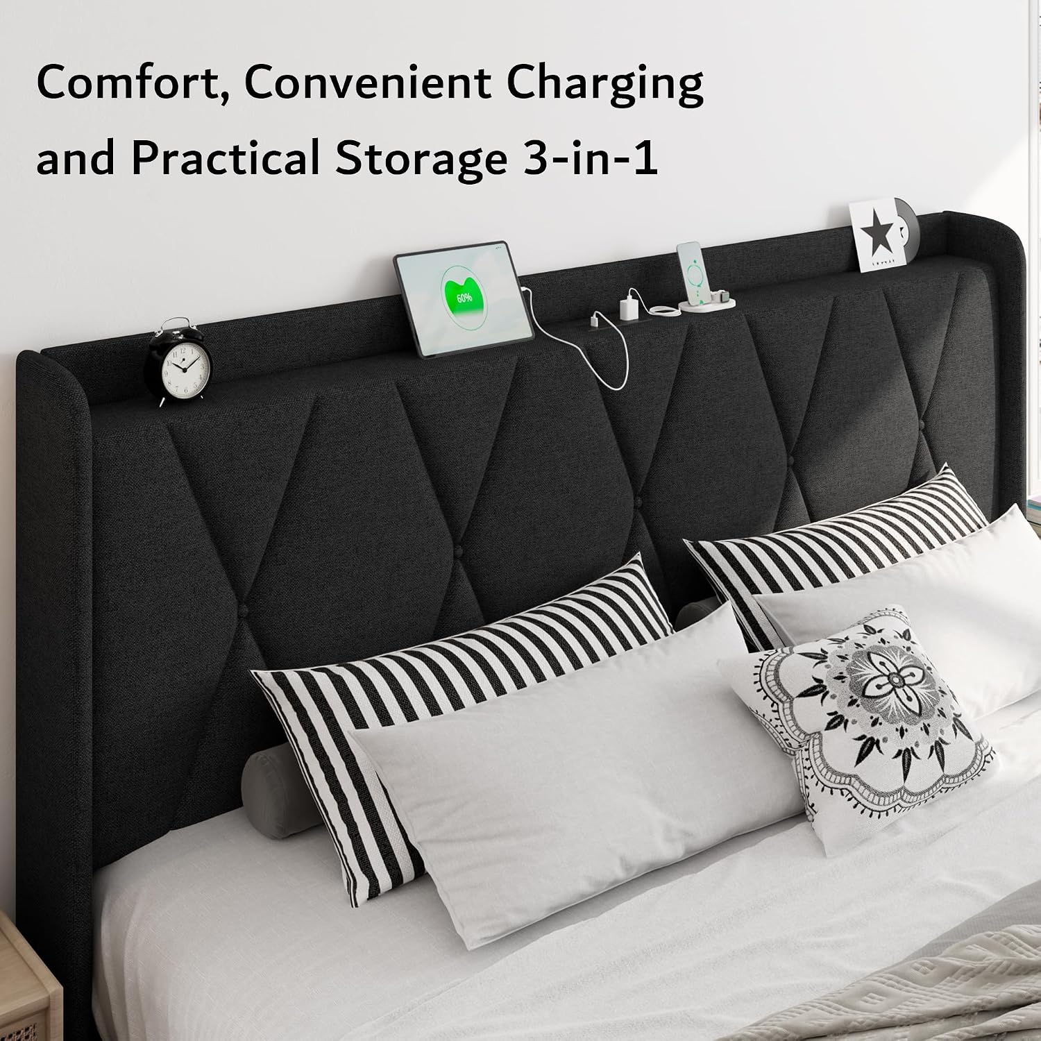 iPormis King Size Bed Frame with 4 Storage Drawers, Upholstered Platform Bed Frame with Charging Station, Modern Wingback Storage Headboard, Easy Assembly, Black