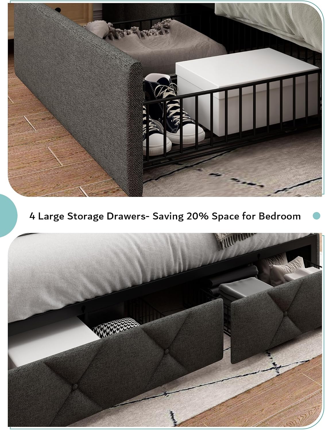 iPormis Queen Bed Frame with 4 Storage Drawers, Upholstered Platform Bed Frame with Charging Station, Modern Wingback Storage Headboard, Easy Assembly, Dark Grey