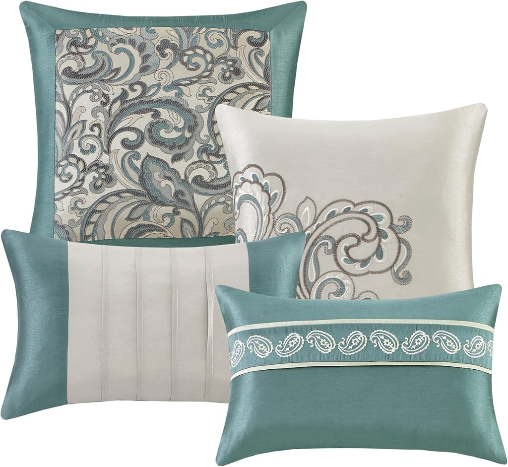 Madison Park 24 Piece Faux Silk Paisley Queen Comforter Set with Matching Curtains, Down Alternative Hypoallergenic - Teal, Queen (90 in x 90 in)