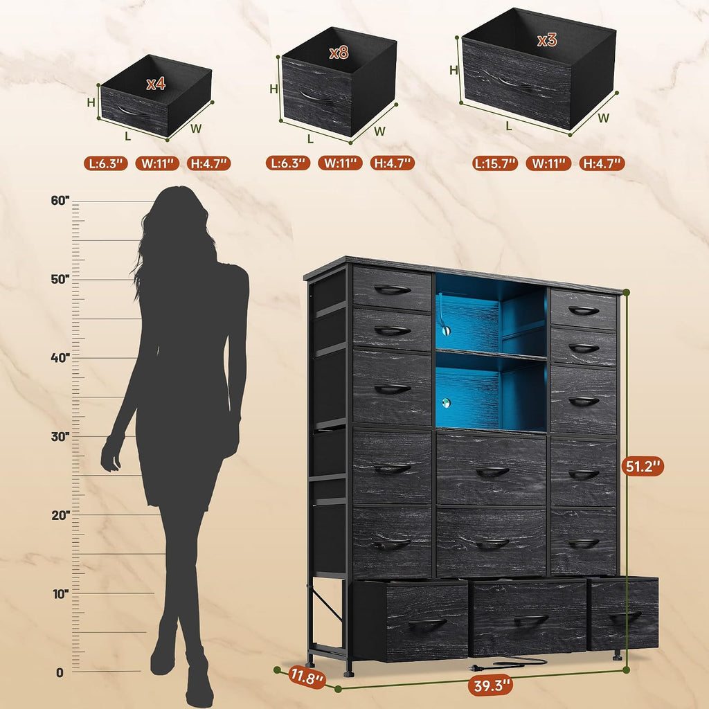 EnHomee 51' H Dresser with 15 Drawers Dresser for Bedroom with Charging Station & LED Lights & Hutch Sturdy Black Bedroom Dressers, Steel Frame, Wood Top, 51.2' H x 39.3' W x 11.8' D