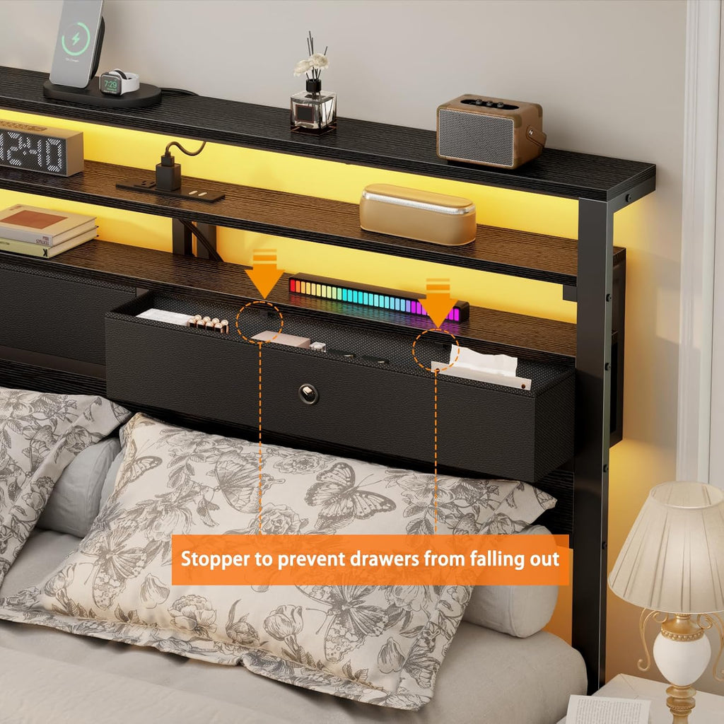 Furnulem Full Size Bed Frame with Headboard, 3-Tier Storage Shelves & 2 Fabric Drawers, Built-in Charging Station & RGB LED Lights, Metal Slat Support, No Box Spring Needed, Easy Assembly, Black Oak