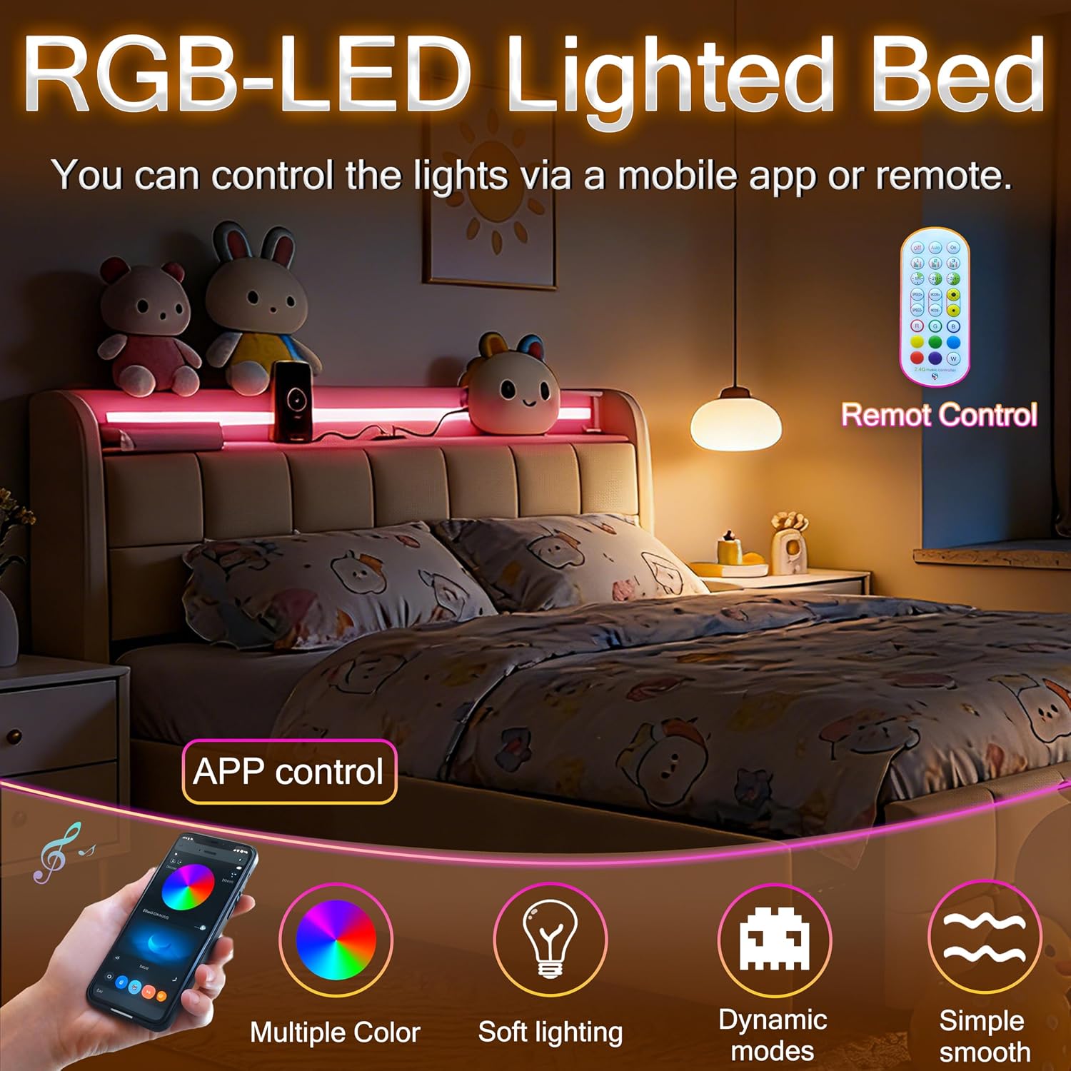 Juego 3 in 1 Full Bed Frame with RGB LED Light, Socket & USB & Type-C Charging Station,4 Drawers, Wooden Slats, Upholstered Bed, Noise-Free, No Box Spring Needed (Beige, Full)