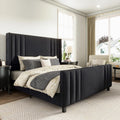 AMERLIFE Queen Size Bed Frame, Velvet Upholstered Platform Bed with Vertical Channel Tufted Headboard & Footboard/Wingback, Mattress Foundation with Wood Slats, No Box Spring Needed, Black