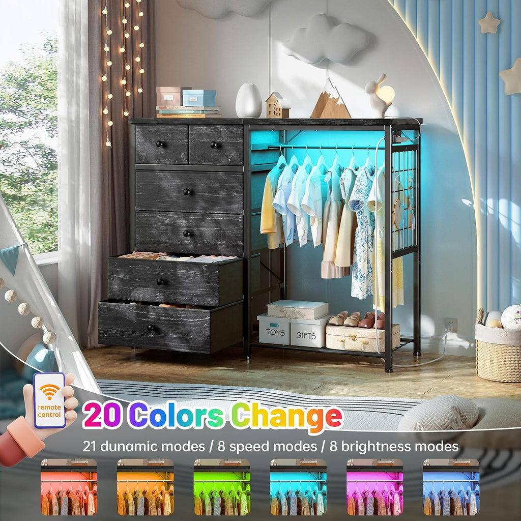 EnHomee 49.2' W Dresser for Bedroom with Hanging Rack 6 Drawers Dresser with LED Lights & Charging Station, Fabric Dressers & Chest of Drawers with 4 Hooks, Wooden Top, Grid Panel, Black