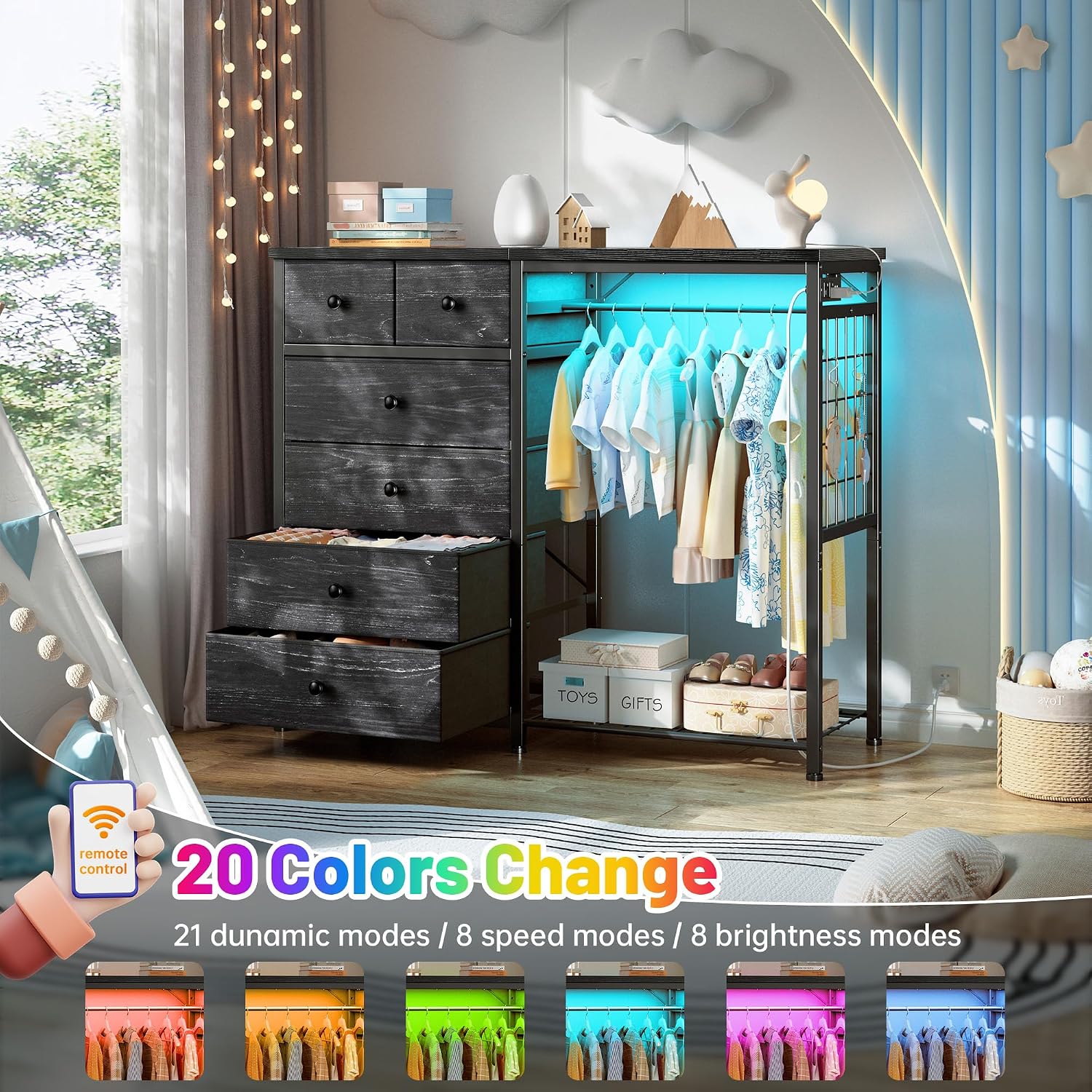 EnHomee 49.2' W Dresser for Bedroom with Hanging Rack 6 Drawers Dresser with LED Lights & Charging Station, Fabric Dressers & Chest of Drawers with 4 Hooks, Wooden Top, Grid Panel, Black