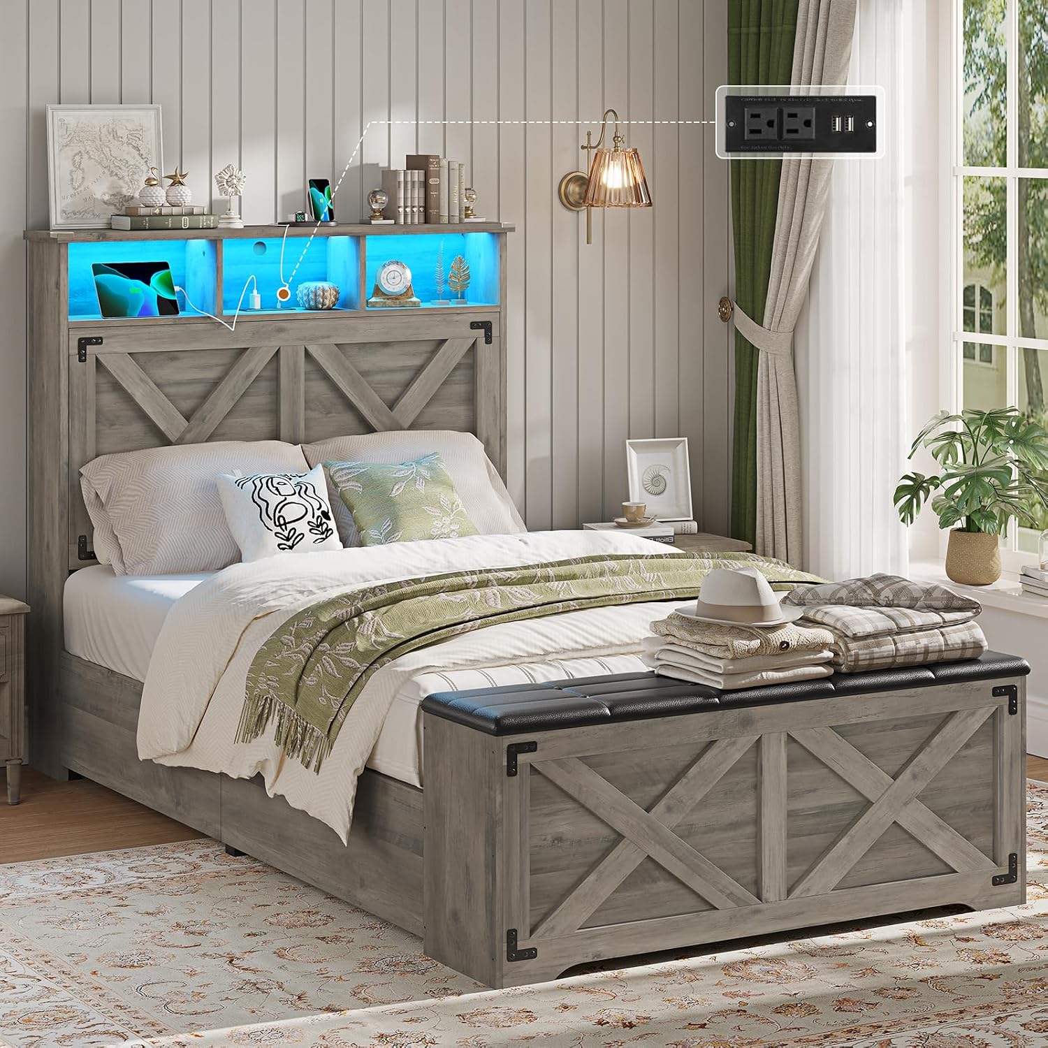Hasuit Farmhouse Bed Frame Twin Size with Storage Headboard, Charging Station and LED Light, Wooden Twin Bed Frame with Storage Ottoman, Barn Door Design, No Box Spring Needed, No Noise (Oak Grey)