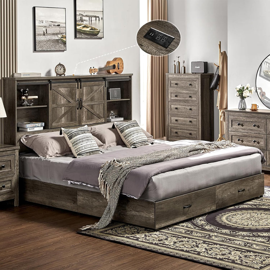 VanAcc Queen Size Bed Frame, Wooden Platform Storage Bed with 51.2' Bookcase Headboard, 2 Drawers, Charging Station/No Box Spring Needed/Noise Free(Rustic Grey)